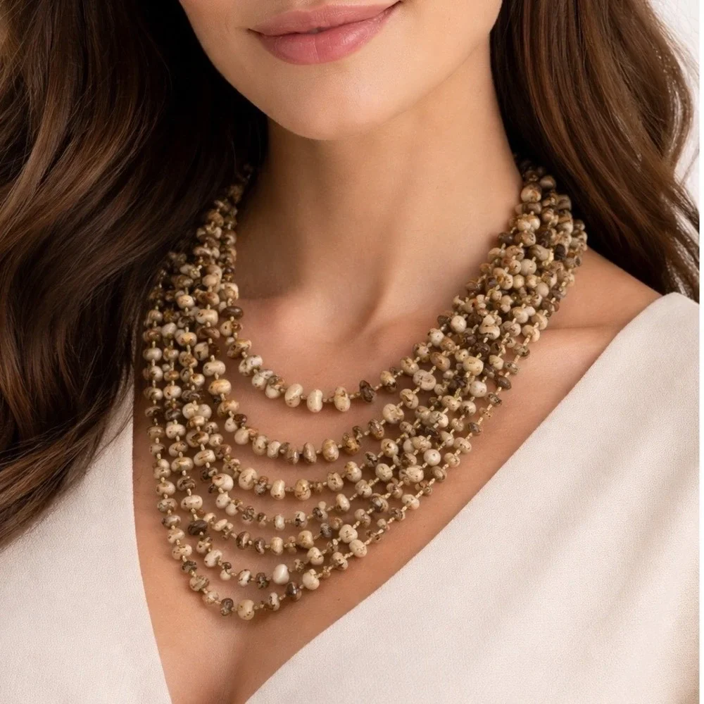 Unbranded Jasper Bead Multi-Strand Necklace Womens‎ OS Brown Good Boho Statement